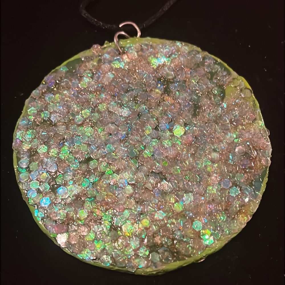 Reversible Green and Yellow Abstract Hand Design Pendant